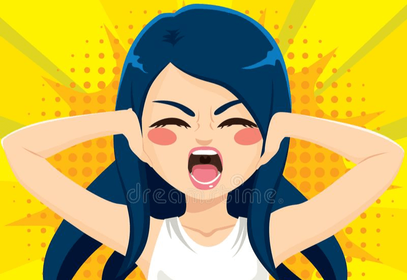 Animated girl yelling, covering ears, colourful background