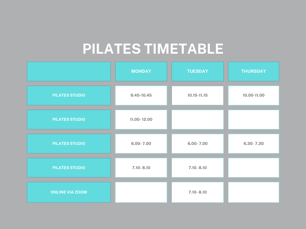 Pilates online and studio timetable.